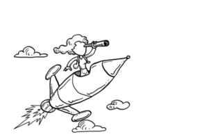 Geschäftsfrau mit Teleskop auf offener Rakete. konzept der startvision und der zukünftigen geschäftsmöglichkeit. Cartoon-Vektor-Illustration-Design vektor