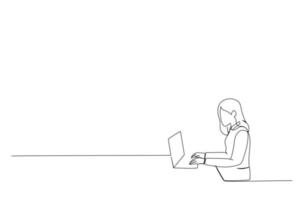 illustration einer geschäftsfrau, die einen laptop im büro verwendet eine durchgehende linie kunststil vektor