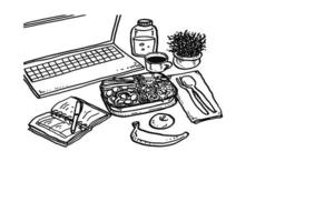 gesunde mahlzeit für büroangestellte. Brotdose am Arbeitsplatz des Schreibtisches. Cartoon-Vektor-Illustration-Design vektor