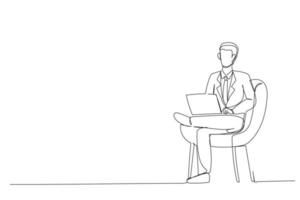 Vektor einzeilige Illustration eines Geschäftsmannes mit Laptop, der im Sessel sitzt. Cartoon junger Mann, der im Büro arbeitet und soziale Netzwerke nutzt.