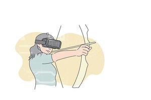 laserfokus ung kvinna redo att sikta med virtuell båge. vr spelkoncept. vektor illustration design