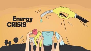 global energikris. alla kämpar för energi. hink, dopp, jerry can, mineralflaska, bränslekran vektorillustration på orange bakgrund vektor