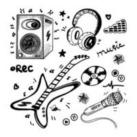 eine Reihe von handgezeichneten musikalischen Elementen im Skizzenstil. E-Gitarre, Subwoofer. kopfhörer, mikrofon, cd, audio, noten und aufzeichnungssymbole. Vektor einfache isolierte Illustration