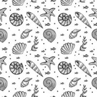 seamless mönster, handritade havsdjur i skiss stil. snäckor och tång. vit bakgrund. isolerat. sommar. hav. platt design. vektor illustration