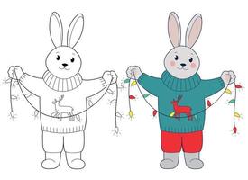 rolig kanin i tröja håller julgirland. designelement eller en sida av barns målarbok. svartvitt och färgkonturillustration på en vit bakgrund vektor