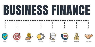 Business Finance Banner Web-Icon-Set. schild, ziel, einsparungen, lösung, geldsack, vertrag, handschlag, unterstützungsvektorillustrationskonzept.