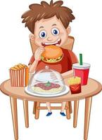 Ein Junge, der Junk-Food-Mahlzeit am Tisch genießt vektor