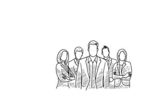 handritad karaktär av grupp affärsmän står med självförtroende. vektor illustration.