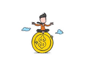 Geschäftsmann, der auf oberster Geldmünze meditiert. konzept des persönlichen und unternehmenseinkommens. Karikatur-Vektor-Illustration-design vektor