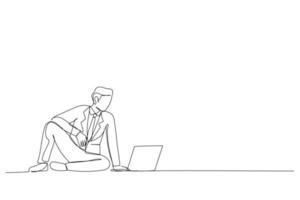 Einzeilige Zeichnung eines attraktiven, fröhlichen Kerls, der mit einem Laptop sitzt und Tutorial isoliert auf weißem Hintergrund anschaut vektor