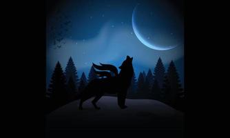 Einsamer Wolf in einem Wald unter dem Vollmond in der blauen Nacht vektor