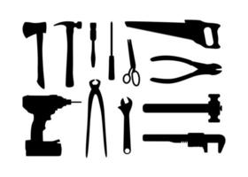 Sammlung von Arbeits- und Reparaturwerkzeugen in Silhouettenform. Symbol für Schraubenschlüssel, Bohrer und Sägeausrüstung vektor