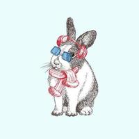 handritad kanin i röd vinterscarf, hörselkåpor, solglasögon. kaninsymbol kinesiskt nyår 2023. juldekor. tatueringskonst. svart och vit skiss gravyr stil design. vektor