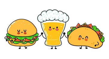 süßes, lustiges fröhliches glas bier taco hamburger. Vektor handgezeichnete kawaii Zeichentrickfiguren, Illustrationssymbol. lustiges karikaturglas bier taco hamburger maskottchen freunde konzept