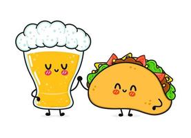 süßes, lustiges fröhliches glas bier und taco. Vektor handgezeichnete kawaii Zeichentrickfiguren, Illustrationssymbol. Lustiges Cartoon-Glas Bier und Taco-Maskottchen-Freunde-Konzept