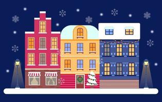 julafton i mysig stad koncept vektor. vinternattpanorama i stan med gatan ljusnar. snöig stad eller bylandskap på kvällen med snöfall. pepparkakshus vektor
