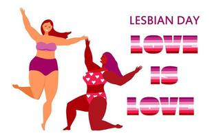 lesbisk dag koncept vektor. kvinnor är glada, dansar. olika par lesbiska är glada. vita och afrikanska damer vektor