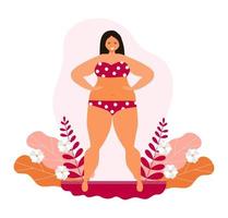 kropp positiv koncept vektor. glad plus storlek flicka bär baddräkt och ler. aktiv hälsosam livsstil vektor