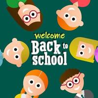 Välkommen tillbaka till skolan affisch med glada barn på den gröna bakgrunden. grafisk design. vektor