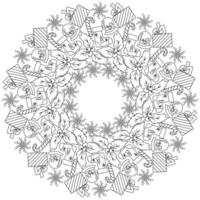 festliches weihnachts-zen-mandala mit winterattributen, geschenk mit schleife, stechpalme und winterball, kreiskritzeleien rahmen antistress-malseite vektor