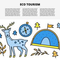 Artikelvorlage mit Platz für Text und Doodle-farbige Ökotourismus-Symbole, darunter Hirsche, Kompasse, Zelte, Tannen und Zweige, die auf weißem Hintergrund isoliert sind. vektor