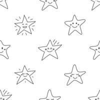 Schwarz-Weiß-nahtloses Muster mit Doodle-Umriss glücklichen Sternen. vektor