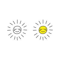 Gekritzelumriss und farbige fröhliche Smiley-Sonnensymbole isoliert auf weißem Hintergrund. vektor