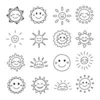 uppsättning doodle kontur glada smiley solen ikoner isolerad på vit bakgrund. vektor