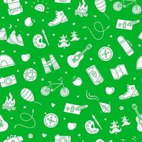 gröna sömlösa mönster med doodle vita barn läger, utomhus ikoner. vektor