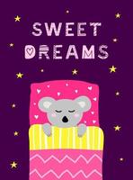 affisch med skandinaviska bokstäver och doodle sovande koala i sängen med kudde, filt. vektor
