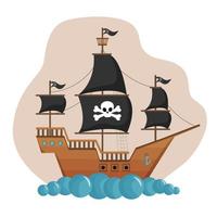 flache vektorillustration mit einem piratenschiff. kann als Cover, Hintergrund, Bild, Bildschirmschoner verwendet werden. für Feiertage und Kindergeburtstage, Quests, Spiele. vektor