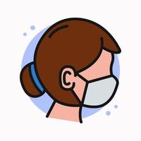 kvinna bär medicinsk mask ikonen fylld linje. förebyggande bakterier logotyp tecknad. informationsskydd virusinfektion design vektor symbol illustration