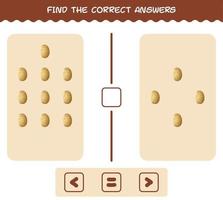 Finden Sie die richtigen Antworten von Cartoon-Kartoffeln. Such- und Zählspiel. Lernspiel für Kinder und Kleinkinder im Vorschulalter vektor