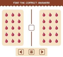 Finden Sie die richtigen Antworten von Cartoon Red Onion. Such- und Zählspiel. Lernspiel für Kinder und Kleinkinder im Vorschulalter vektor