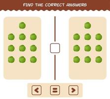 hitta de rätta svaren på tecknad grönkål. leta och räkna spel. pedagogiskt spel för barn och småbarn i förskoleåldern vektor
