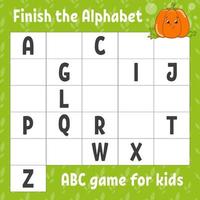 beende das Alphabet. ABC-Spiel für Kinder. Arbeitsblatt zur Bildungsentwicklung. Lernspiel für Kinder. Farbaktivitätsseite.
