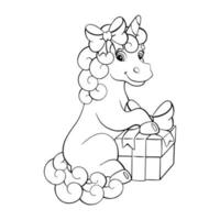 Malvorlagen für Kinder. süßes einhorn mit einem geschenk. digitaler Stempel. Zeichentrickfigur. Vektor-Illustration isoliert auf weißem Hintergrund. vektor