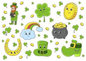 Set Aufkleber mit süßen Zeichentrickfiguren. st. Patricks Tag. handgemalt. bunte Packung. Vektor-Illustration. Patch-Abzeichen-Kollektion für Kinder. für Tagesplaner, Organizer, Tagebuch. vektor