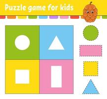 Puzzlespiel für Kinder. Ausschneiden und Einfügen. Schneidpraxis. Formen lernen. Bildungsarbeitsblatt. Kreis, Quadrat, Rechteck, Dreieck. Aktivitätsseite. Zeichentrickfigur. vektor
