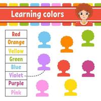lärande färger. utbildning utveckla kalkylblad. aktivitetssida med bilder. spel för barn. isolerad vektorillustration. rolig karaktär. tecknad stil. vektor