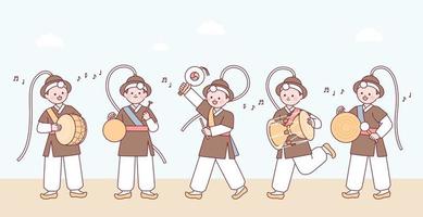 söta karaktärer som bär traditionella koreanska kläder och spelar traditionella musikinstrument. vektor