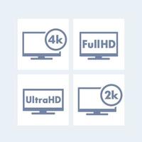 högupplösta ikoner, taggar, full hd, ultra hd, 2k, 4k, tv vektor