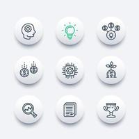 Startup-Line-Icons gesetzt, kreativer Prozess, Idee, Anfangskapital, Finanzierung, Innovation, Investition, Wachstum, Analytik, Geschäftserfolg vektor
