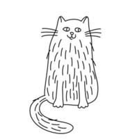 Fröhliche, flauschige Katze im Doodle-Stil. hand gezeichnete vektorillustration. isolierter schwarzer Umriss vektor