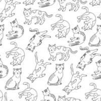 Nahtloses Muster mit Katzen im Doodle-Stil. hand gezeichnete vektorillustration auf weißem hintergrund. ideal für Stoffe, Tapeten, Geschenkpapier, Malbücher. schwarzer Umriss. vektor