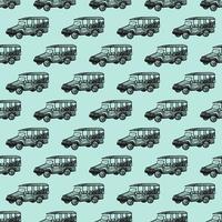 Safaribus eingraviertes nahtloses Muster. Oldtimer-Abenteuer-Geländewagen im handgezeichneten Stil. vektor