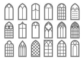 mittelalterliche fenster der kirche gesetzt. alte gotische architekturelemente. vektorumrissillustration auf weißem hintergrund.