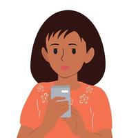 flickan håller en telefon, ett samtal eller ett meddelande i sina händer. platt vektor illustration.