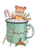 nette muttertiger des neuen jahres in der tasse mit marshmallows-vektorillustration vektor