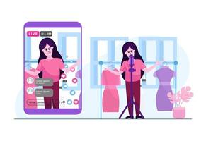 online kläder som säljer livestream vloggning platt illustration konceptdesign vektor